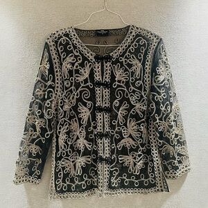 Elegant Black Sheer with Cream Embroidered Design